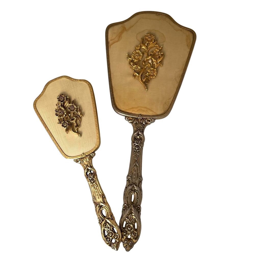 Vintage Matson? Vanity Hair Brush Hand Mirror Hollywood Regency Floral FLAWED